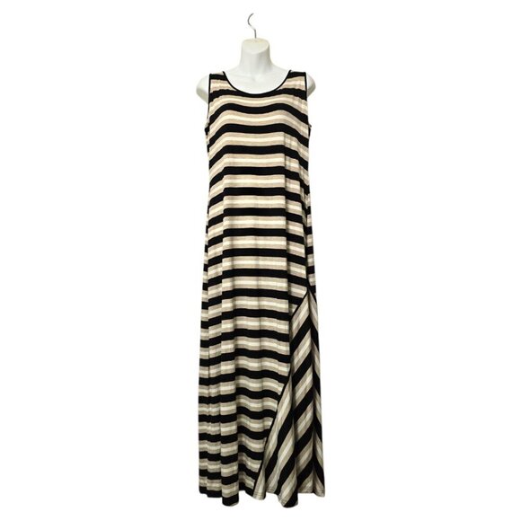Calvin Klein Tan & Black Striped Jersey Knit Sleeveless Maxi Dress Sz 12 - Picture 1 of 7
